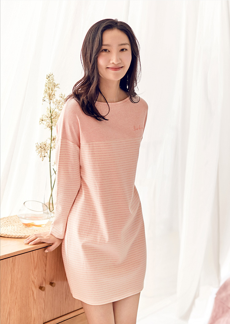 茵曼内衣 宽松甜美长袖中裙睡衣睡裙女 98734830422·虾色